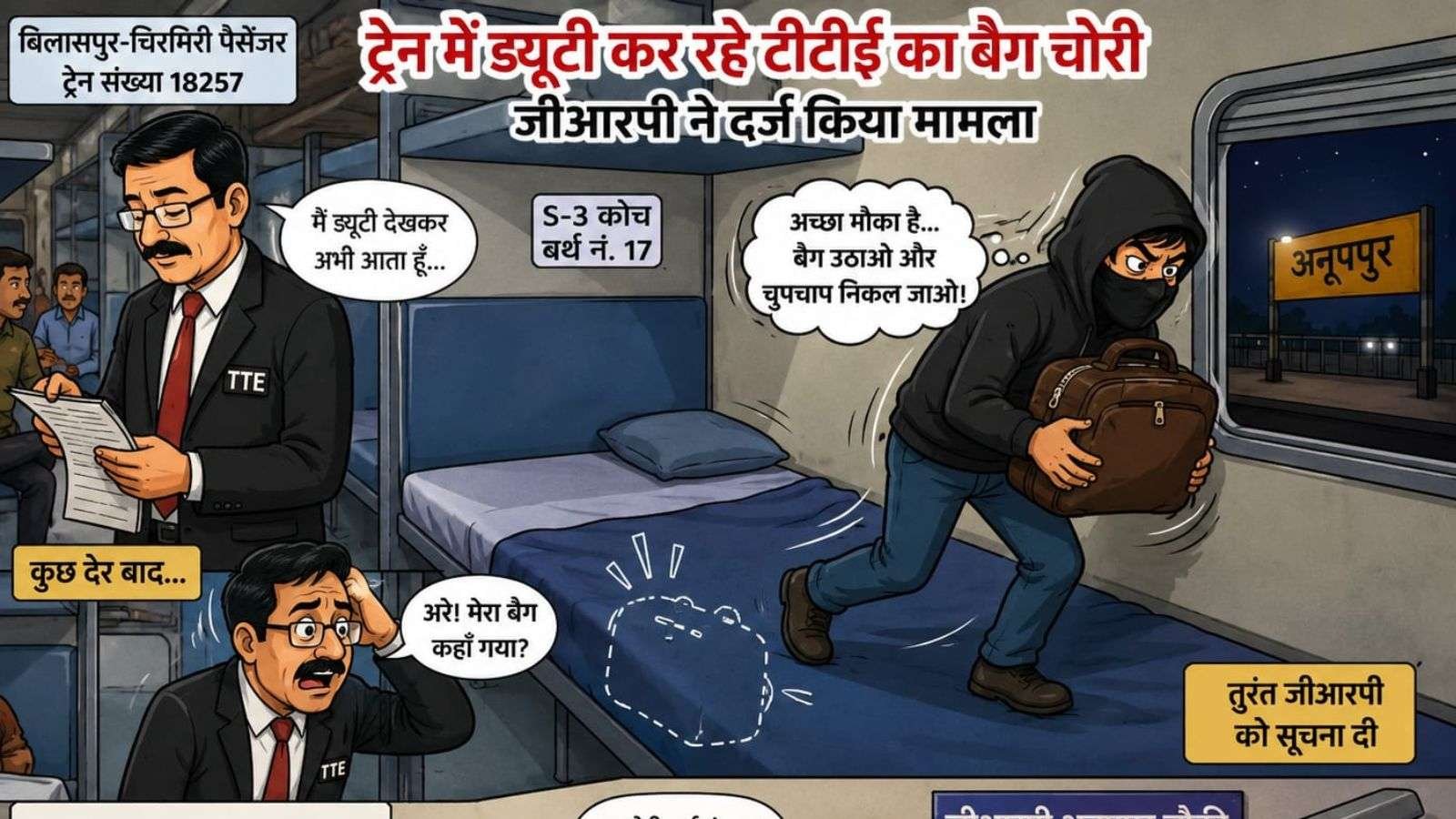 ट्रेन में ड्यूटी कर रहे टीटीई का बैग चोरी, जीआरपी ने दर्ज किया मामला