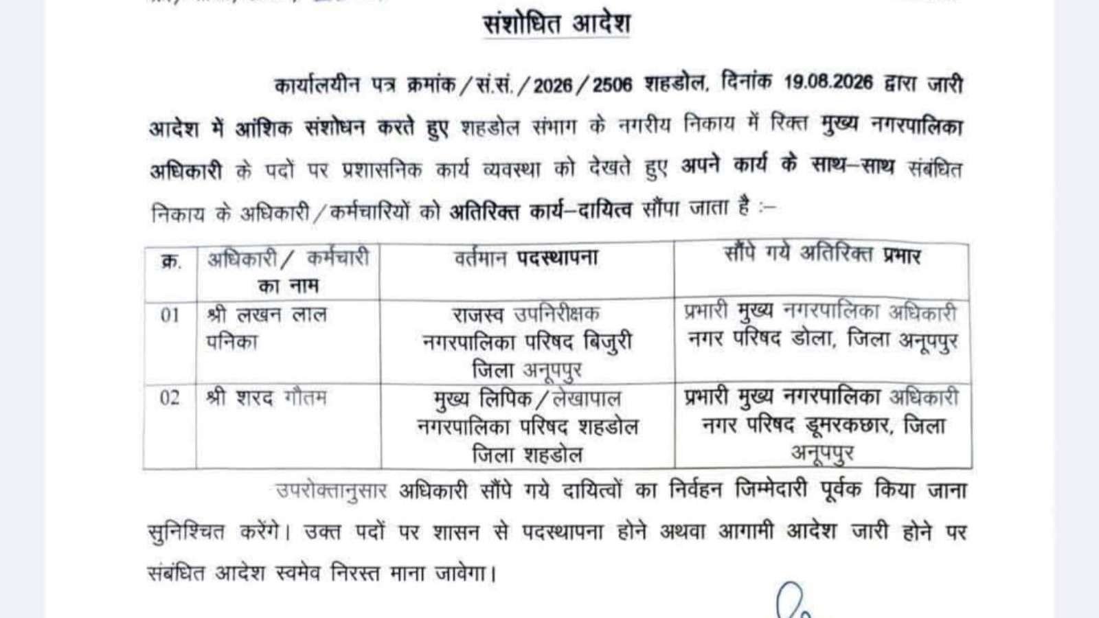 डूमर कछार नगर परिषद को मिला नया प्रभारी CMO, शरद गौतम संभालेंगे जिम्मेदारी