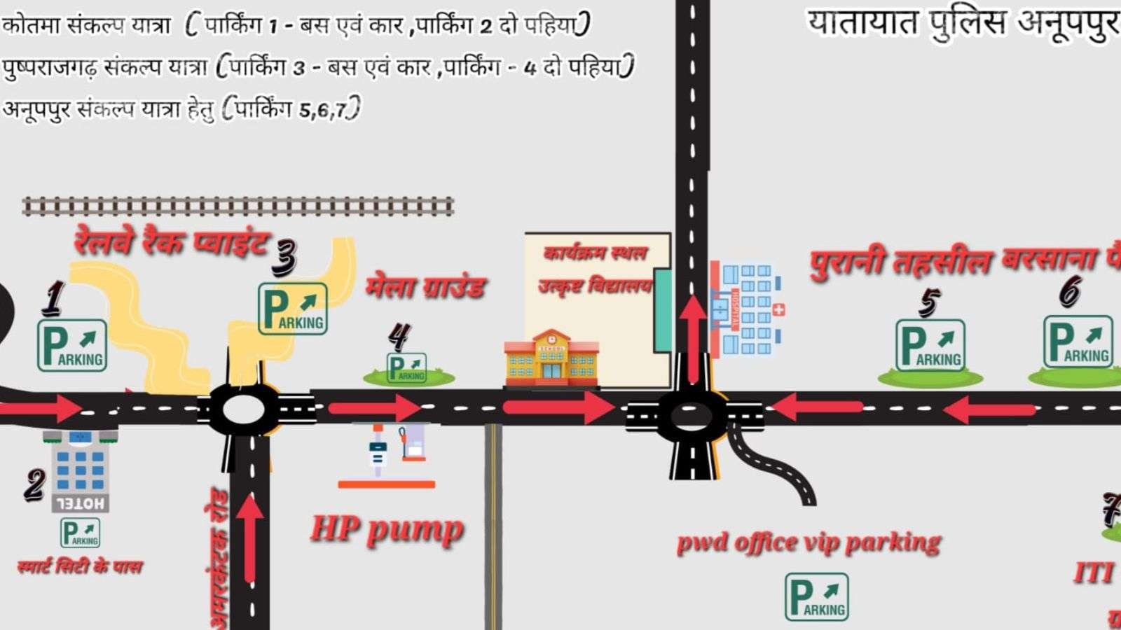 सेवा संकल्प कलश यात्रा के लिए 7 पार्किंग स्थल तय, रूट के अनुसार वाहन खड़े करने की अपील
